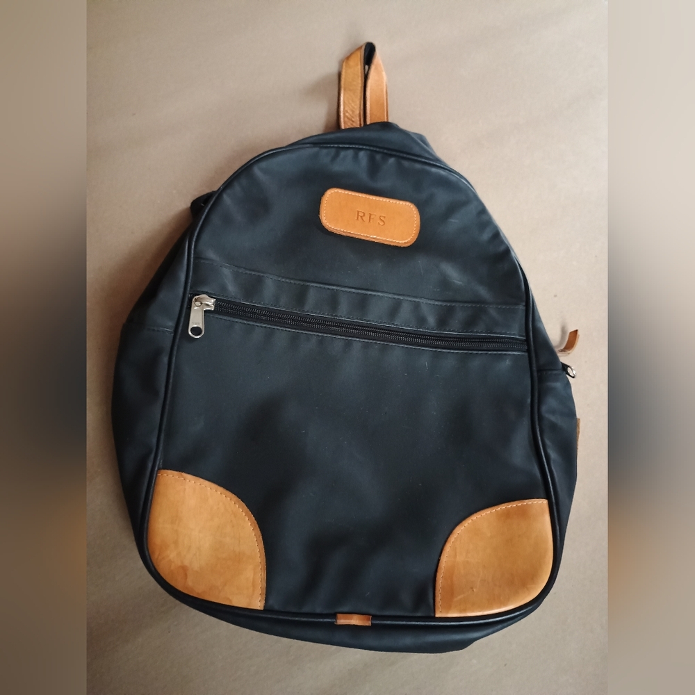 Jon Hart Design Black And Tan Coated Canvas Backpack With Monogram Travel Bag
